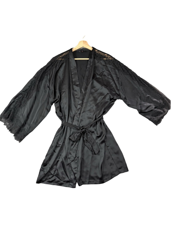 Victoria's Secret Other - Victoria’s Secret M/L Black Satin Lace Trim Robe Kimono Tie Waist